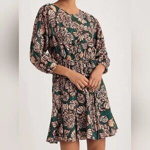 Donna Morgan Floral Crewneck Bishop Sleeve A-line Mini Dress Green Size 10 NWT